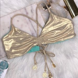 Luli Fama Women's Cosita Buena Wavey Triangle Bikini Top – Shimmery Adjustable Bikini Top With Plunge Neckline